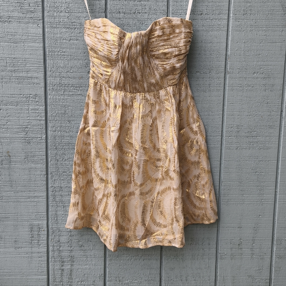Shoshanna Metallic Silk Pleated Corset Top Mini Dress Fan Print sz 4 Ivory Gold